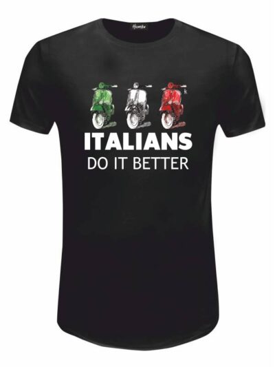 Pacchetto Stock: 15 T-shirt uomo nere Urban con tre scooter colorati e la scritta "italians do it better" - STOCK27