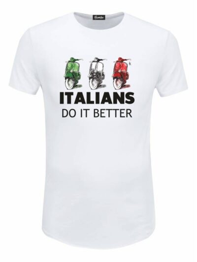 Pacchetto Stock: 15 T-shirt uomo bianche Urban con tre scooter colorati e la scritta "italians do it better" - STOCK26