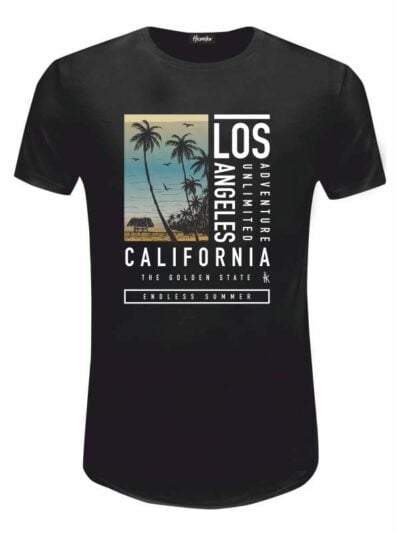 Pacchetto Stock: 15 T-shirt uomo nere Urban con grafica tropicale e la scritta "Los Angeles California" - STOCK37