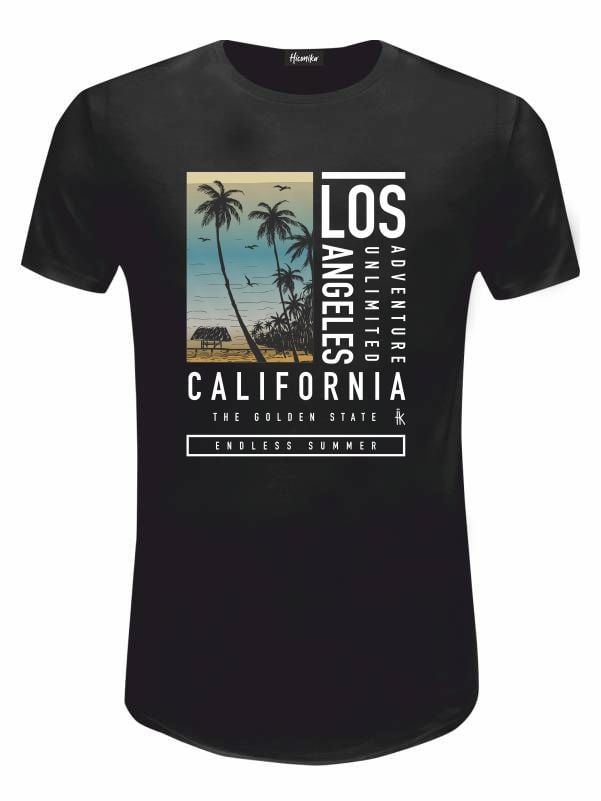 Pacchetto Stock: 15 T-shirt uomo nere Urban con grafica tropicale e la scritta "Los Angeles California" - STOCK37