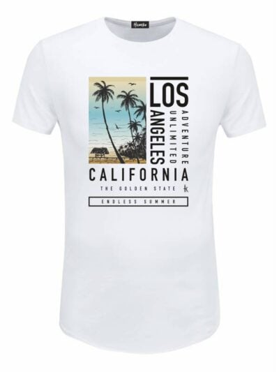 Pacchetto Stock: 15 T-shirt uomo bianche Urban con grafica tropicale e la scritta "Los Angeles California" - STOCK36