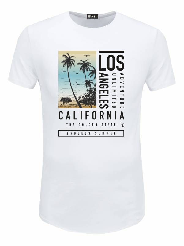 Pacchetto Stock: 15 T-shirt uomo bianche Urban con grafica tropicale e la scritta "Los Angeles California" - STOCK36