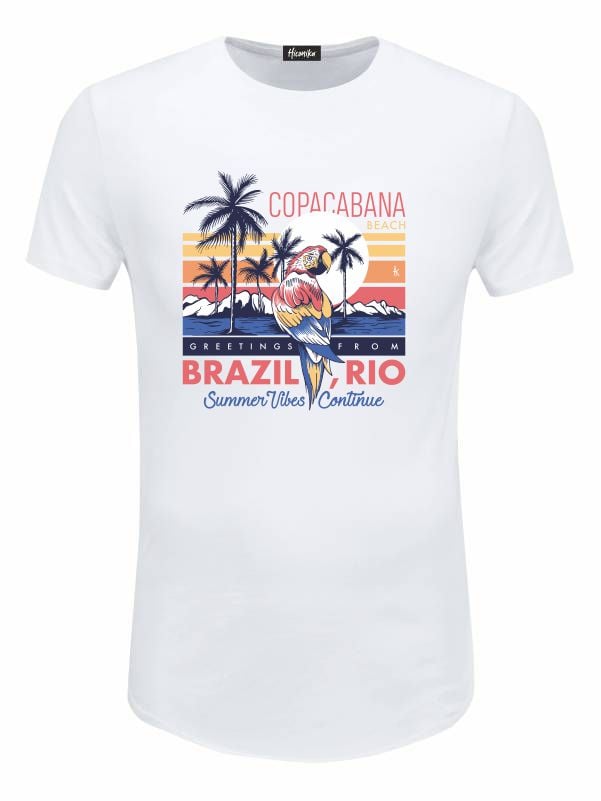Pacchetto Stock: 15 T-shirt uomo bianche Urban con grafica tropicale e la scritta "Brazil Rio" - STOCK38