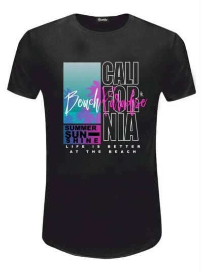 Pacchetto Stock: 15 T-shirt uomo nere Urban con grafica tropicale e la scritta "California Beach Paradise" - STOCK41