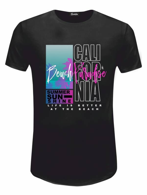 Pacchetto Stock: 15 T-shirt uomo nere Urban con grafica tropicale e la scritta "California Beach Paradise" - STOCK41