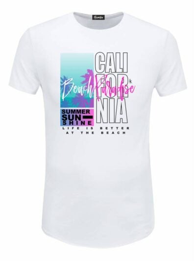 Pacchetto Stock: 15 T-shirt uomo bianche Urban con grafica tropicale e la scritta "California Beach Paradise" - STOCK40