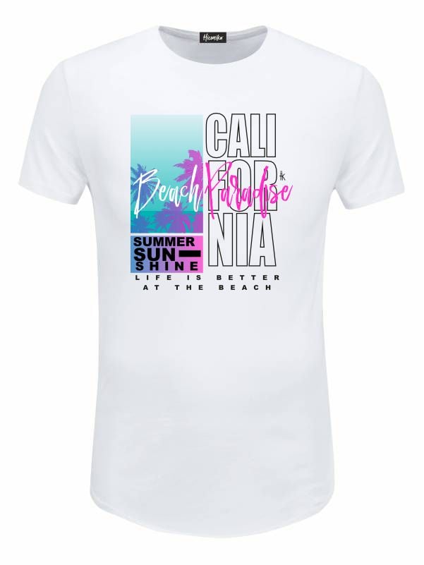 Pacchetto Stock: 15 T-shirt uomo bianche Urban con grafica tropicale e la scritta "California Beach Paradise" - STOCK40