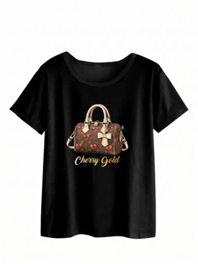 Pacchetto Stock: 11 T-shirt donna nere Formosa con una borsa e la scritta “Cherry Gold” in reflex - STOCK54