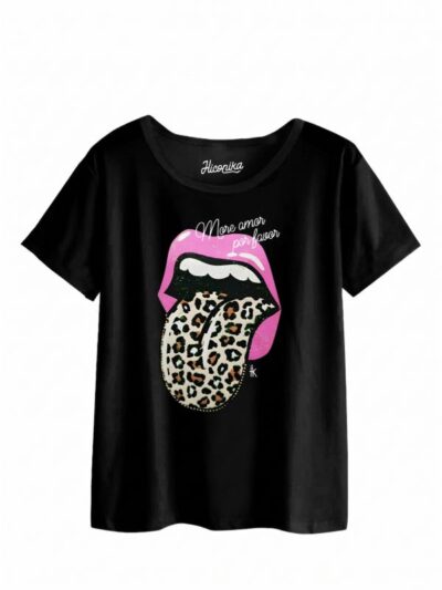 Pacchetto Stock: 11 T-shirt donna nere Formosa con una linguaccia animalier e la scritta “Mor amor por favor”- STOCK59