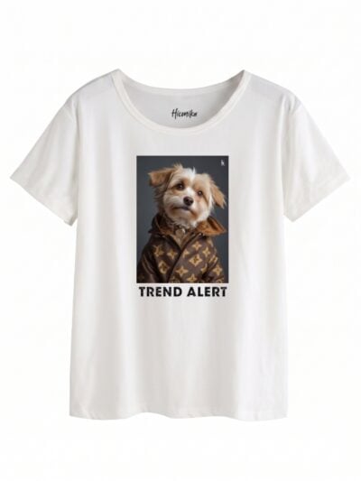 Pacchetto Stock: 7 T-shirt donna bianche Formosa con un cane fashion e la scritta “Trend alert” in glitter - STOCK67