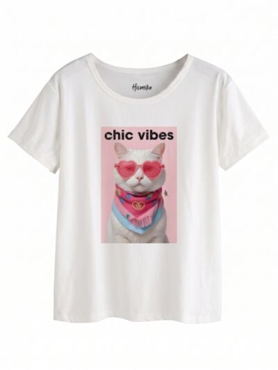 Pacchetto Stock: 7 T-shirt donna bianche Formosa con un gatto e la scritta “Chic vibes” in glitter - STOCK68
