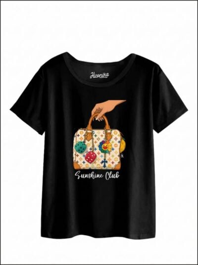 Pacchetto Stock: 11 T-shirt donna nere Formosa con una borsa e la scritta “Sunshine Club” in glitter - STOCK57