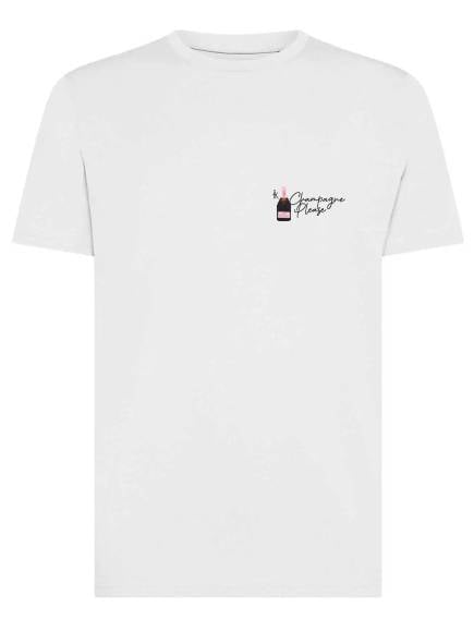 T-shirt uomo Moon con una bottiglia e la scritta "Champagne please" lato cuore – TM058