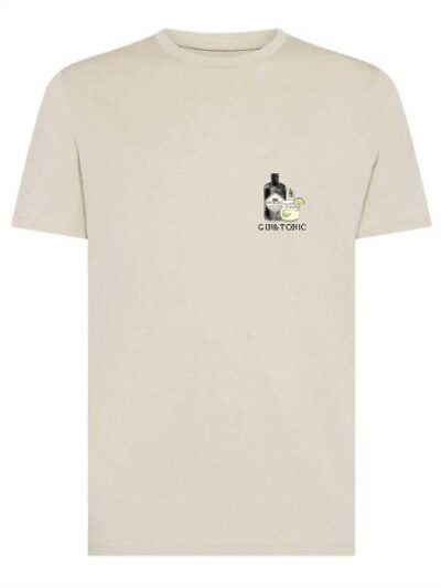 T-shirt uomo Moon con una bottiglia, un bicchiere e la scritta "gin e tonic" lato cuore – TM061