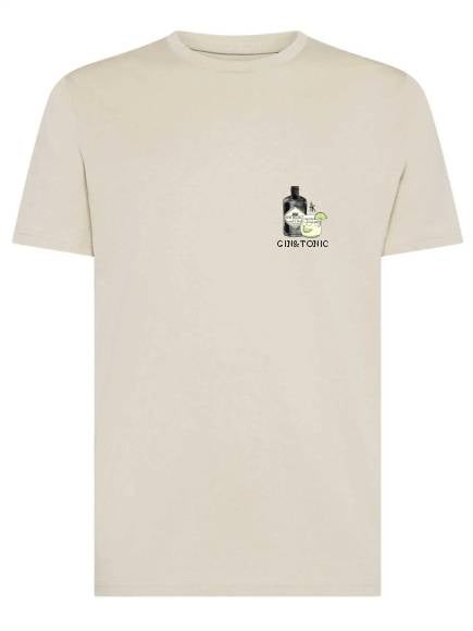 T-shirt uomo Moon con una bottiglia, un bicchiere e la scritta "gin e tonic" lato cuore – TM061