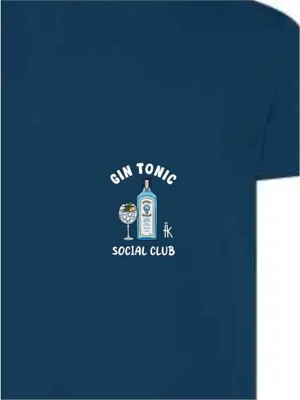 T-shirt uomo Moon con una bottiglia, un calice e la scritta "gin tonic social club" lato cuore – TM070 - immagine 4
