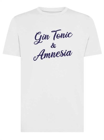 T-shirt uomo Moon con la scritta "Gin Tonic e Amnesia" in patch a rilievo – TM059