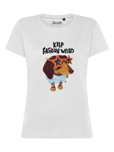 T-Shirt donna Lady 2.0 con un cane e la scritta “keep fashion weird” in glitter – TW077