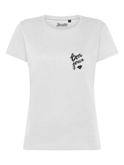 T-Shirt donna Lady 2.0 con la scritta “Bonjour” in patch a rilievo lato cuore – TW078