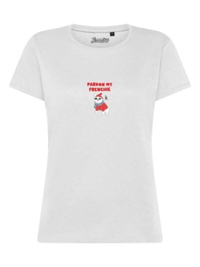 T-Shirt donna Lady 2.0 con un bulldog francese e la scritta “pardon my frenchie” in patch a rilievo – TW086