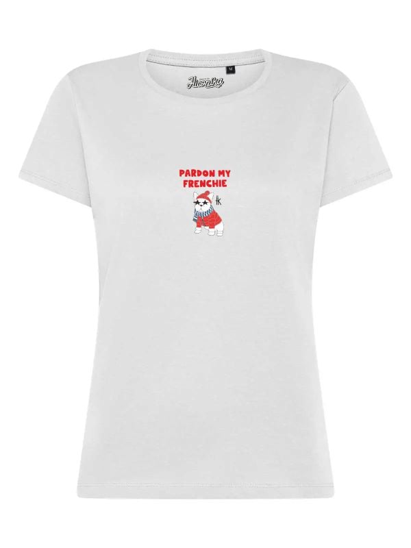T-Shirt donna Lady 2.0 con un bulldog francese e la scritta “pardon my frenchie” in patch a rilievo – TW086