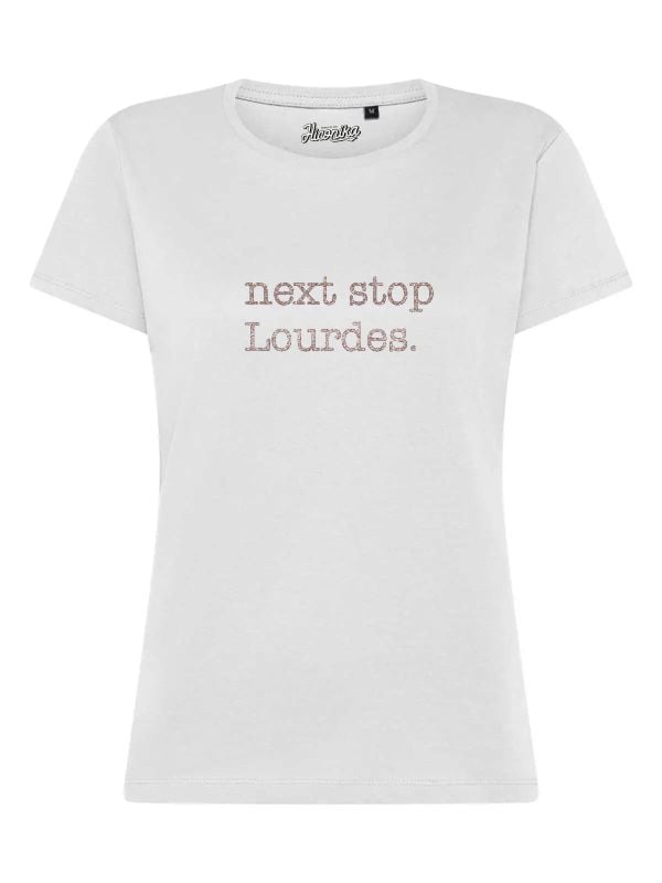 T-Shirt donna Lady 2.0 con la scritta “next stop Lourdes” in glitter – TW087