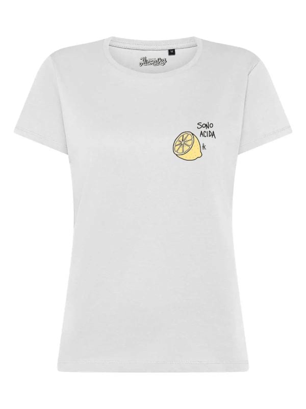 T-Shirt donna Lady 2.0 con un limone e la scritta “sono acida” lato cuore – TW088