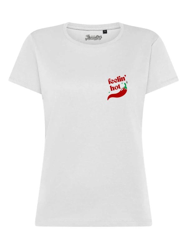T-Shirt donna Lady 2.0 con un peperoncino e la scritta “feeling hot” lato cuore – TW089