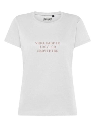 T-Shirt donna Lady 2.0 con la scritta “vera baddie 100/100 certified” in glitter – TW094