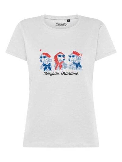 T-Shirt donna Lady 2.0 con tre cani fashion e la scritta “Bonjour Madame” in glitter – TW100