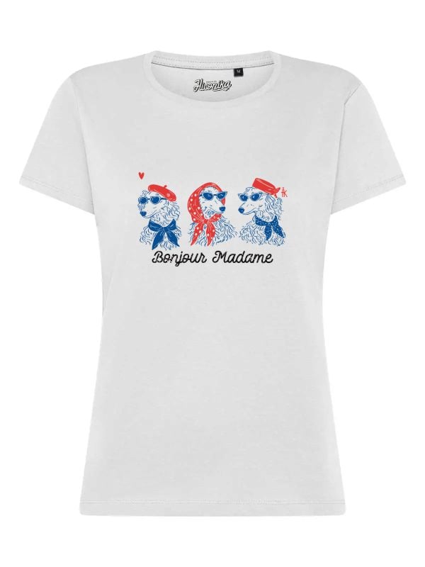 T-Shirt donna Lady 2.0 con tre cani fashion e la scritta “Bonjour Madame” in glitter – TW100