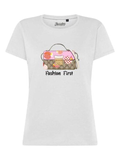 T-Shirt donna Lady 2.0 con una borsa e la scritta “fashion first” in glitter – TW104
