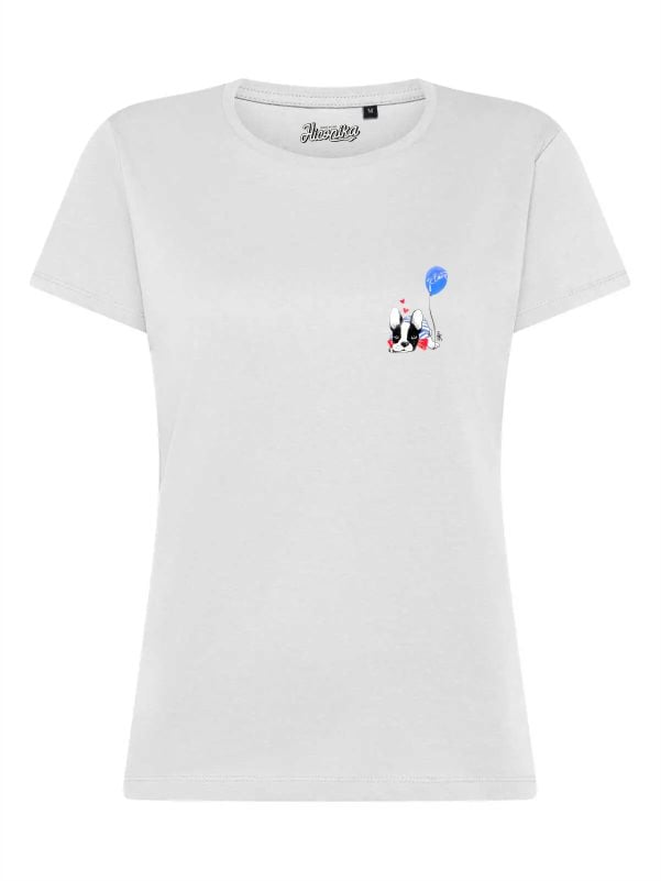 T-Shirt donna Lady 2.0 con un bulldog francese e un palloncino lato cuore – TW093